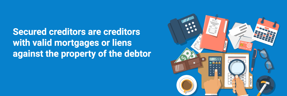 Secured creditors are creditors with valid mortgages or liens against the property of the debtor